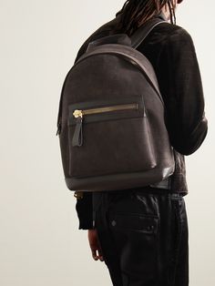 Sleek and sophisticated, TOM FORD's full-grain leather-trimmed 'Buckley' backpack has been crafted in Italy from croc-effect nubuck and finished with the brand's trademark oversized zips. The spacious interior has a padded pocket for a tablet and plenty of room for the rest of your kit. Suede Backpack, Weekend Bags, Brown Accessories, Tom Ford Men, Latest Bags, Black Leather Backpack, Blue Backpack, Leather Briefcase, Leather Messenger Bag