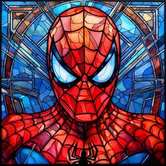 a close up of a stained glass window with a spider man on it's face