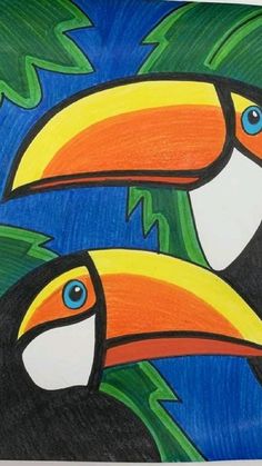 a drawing of two toucans with leaves on them