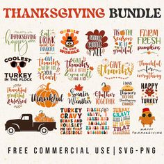 thanksgiving svg bundle with pumpkins, turkey and other holiday related items on it