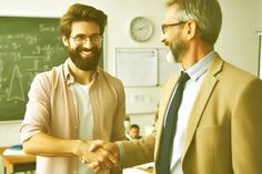 two men shaking hands in front of a chalkboard with other people sitting at desks