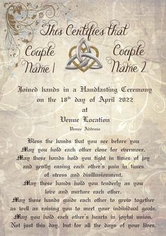 this certificate has two intertwined hearts and the words couples that couple name on it