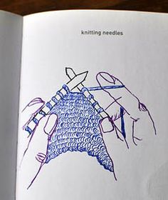 the book is open to show an image of a hand holding a knitting needle and stitching it