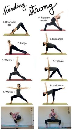 a woman doing yoga poses with the words standing strong above her and below her head