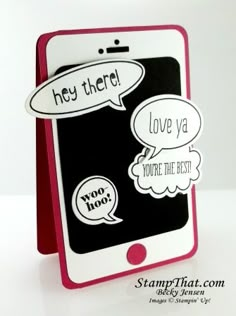 a cell phone with some speech bubbles on the screen that says hey there love ya you're the best