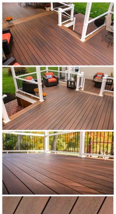 three different views of a deck with white railings and wood flooring on it