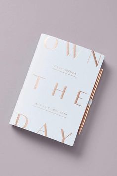 a white book with gold lettering on the front and back cover that says own the day