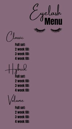 Eyelash menu of services. Fill in custom prices. Beauty Menu Design, Lash Styles Chart, Unique Lash Business Names, Lash Price List Ideas, Aesthetician Quotes, At Home Lash Studio Ideas, Lashes Aesthetic, Lash Content, Eyelash Tech