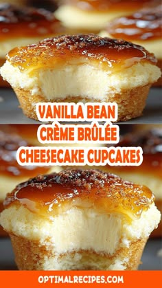 vanilla bean creme brulee cheesecake cupcakes with text overlay