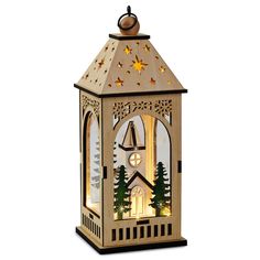 a wooden lantern with a clock and trees on it