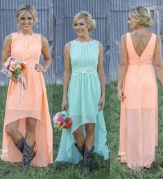 three bridesmaids in dresses and cowboy boots are standing together outside on the grass