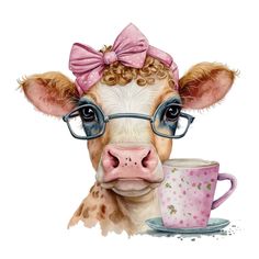 a cow with glasses and a pink bow holding a coffee cup