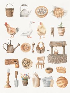 watercolor painting of farm related items including eggs, chickens and other things to eat