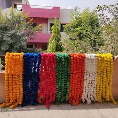 there are many different colors of balloons on the street side line, all tied together and ready to be hung up