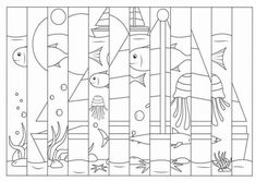 a coloring page with fish in the water and under the seaweeds on it