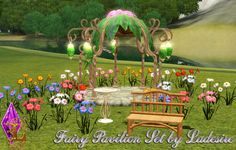 a garden with flowers and a bench in the middle is featured for fairy pavilion hot ludica