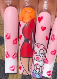 Cosmo And Wanda Nail Art, Beavis And Butthead Nails, Valentine Character Nails, Billy And Mandy Nails, Character Valentines Nails, Nail Character Designs, Nail Art Cartoon Characters, Jessica Rabbit Nails, Bratz Nails Design