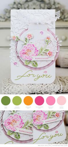 a card with flowers on it and the color swatches are all in different colors