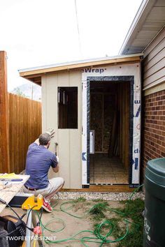 a man working on a shed with the words, how to build a shed?