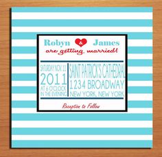 a blue and white striped wedding card with the words, love is in the air