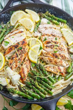 chicken, asparagus and lemon pasta in a skillet