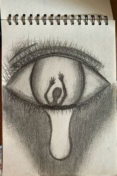 a pencil drawing of an eye with a person's hand coming out of it