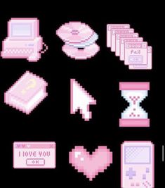 pixel art with pink and white items on black background