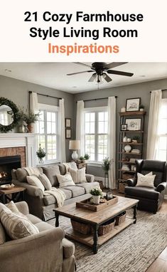 a living room with couches, chairs and a coffee table in front of a fireplace