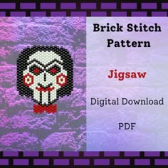 an image of a skull with red eyes on it's face and the words brick stitch