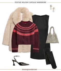 Festive holiday outfit with little black dress, burgundy fair isle sweater and faux fur coat. Great everyday winter outfit for the holidays, the office and beyond. Curated on LTK. Winter Wardrobe Essentials, Winter Capsule Wardrobe, Christmas Party Outfits, Eve Outfit, Holiday Outfit, Cold Weather Outfits