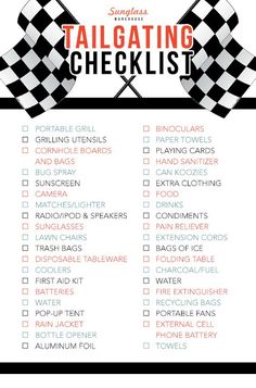 a checklist with the words tailgating checklist written in red and black on it