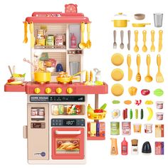 a toy kitchen with lots of cooking utensils