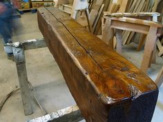 an old wooden bench in a wood shop