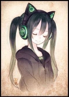 This is really cute. I love the style of headphones this anime girl is wearing, it would be nice to own them lol! Long Black Hair, An Anime, Long Black, Green Eyes, Cat Ears, Black Hair, Long Hair, Headphones, Green