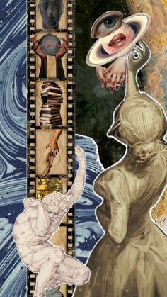 an artistic collage with images of people and objects in the background, including a woman's head