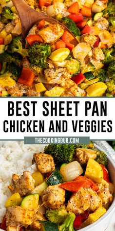 the best sheet pan chicken and veggies recipe is shown in this collage