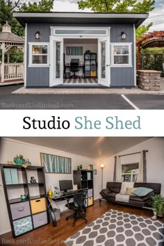 the before and after pictures of a small studio she shed, which has been converted into an office