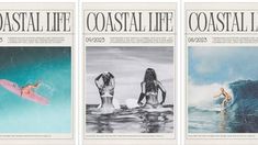 three magazines with pictures of people in the water and one is holding a surfboard