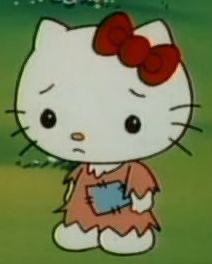 an animated hello kitty with a red bow on it's head standing in the grass