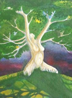 a painting of a white tree on a hill