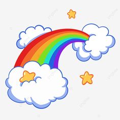 a rainbow with clouds and stars in the sky on a white background, transparent png