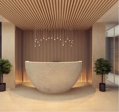 a large white bowl sitting in the middle of a room next to potted plants