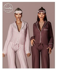 two women in pajamas are standing next to each other