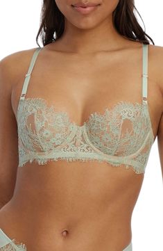 A lace balconette bra offers elegant support with its darted underwire cups and dig-free microfiber back. Leotard back for a smooth, bulge-free fit Partially lined 51% cotton, 49% nylon with 86% nylon, 14% spandex contrast Hand wash, line dry Imported Balconette Bra With Lace Closure, Feminine Fitted Bra With Sweetheart Neckline, Fitted Feminine Bra With Sweetheart Neckline, Fitted Full Cup Bra With Lined Body, Fitted Underbust Bra Partially Lined, Fitted Balconette Bra With Removable Pads, Fitted Lace Balconette Bra, Fitted Underwire Bra Partially Lined, Fitted Full Coverage Bra With Lined Body