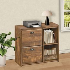 a small wooden cabinet with two drawers and a printer on top, next to a potted plant