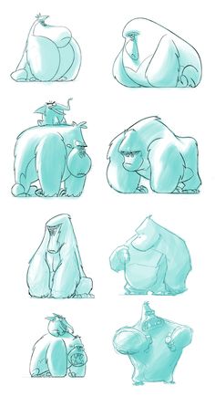 some drawings of different types of animals in blue and white colors, including an elephant, polar