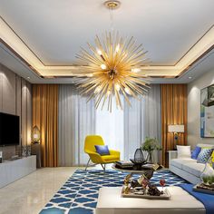 a modern living room with blue and yellow accents