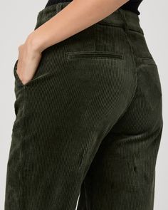 Crafted in supremely soft corduroy in a dark fern green shade, this high-waisted trouser pant is designed with a clean waistband, slash pockets at the front, and welt pockets at the back. Pair these elevated pants with the coordinating Tylee Jacket for a chic matching moment. | Danielle Trouser Pant - Dark Fern Green Corduroy | Size 00 Green Fitted Corduroy Bottoms, Fitted Green Corduroy Bottoms, Green Corduroy Bottoms For Work, Corduroy Tapered Leg Bottoms For Work, High Waisted Trouser Pants, Green Corduroy, Fern Green, Green Pants, High Waisted Trousers