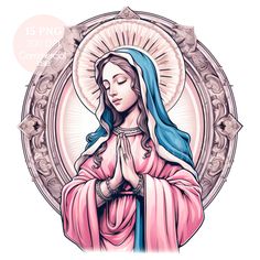 the virgin mary in pink and blue robes with her hands folded over her chest, surrounded by an ornate frame