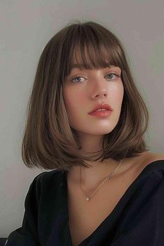 Fringe And Bob Hairstyles, Short Fringe Round Face, Short Bob Hair With Fringe, Fringe With Bob, Long Bob Hairstyles Fringe, Short Hair Full Fringe, Fringes For Short Hair, Straight Fringe Bangs, Women Haircut Thick Hair